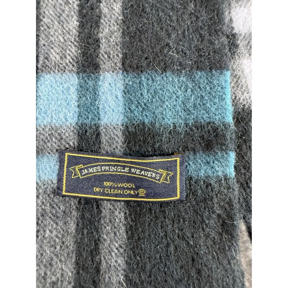 James Pringle Weavers 100% Wool Plaid Scarf Grey Blue Black Fringed Made in UK